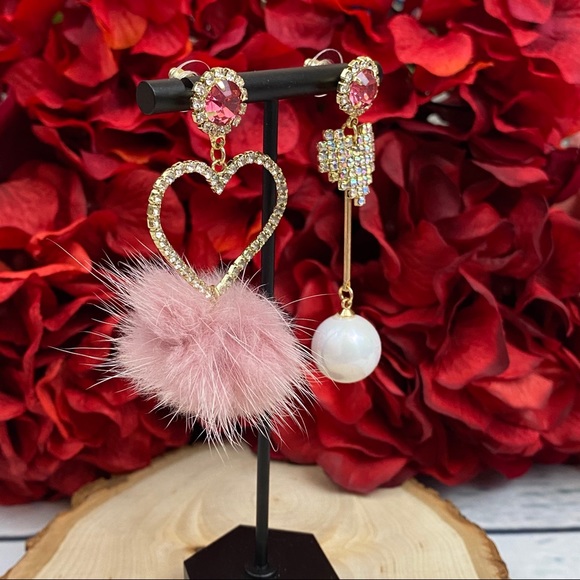Romantic Crystal Pearl Pink Puff Pom Pom Earrings - Picture 8 of 15